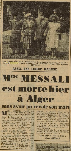 Annonce de la mort de Madame Messali à Alger