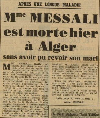 Alger Républicain | Annonce du décès de Madame Messali dans la presse de l'époque.