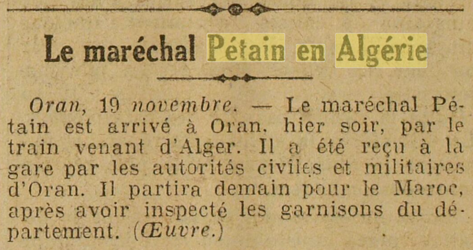 Voyage du Maréchal Pétain en Algérie, 1922.