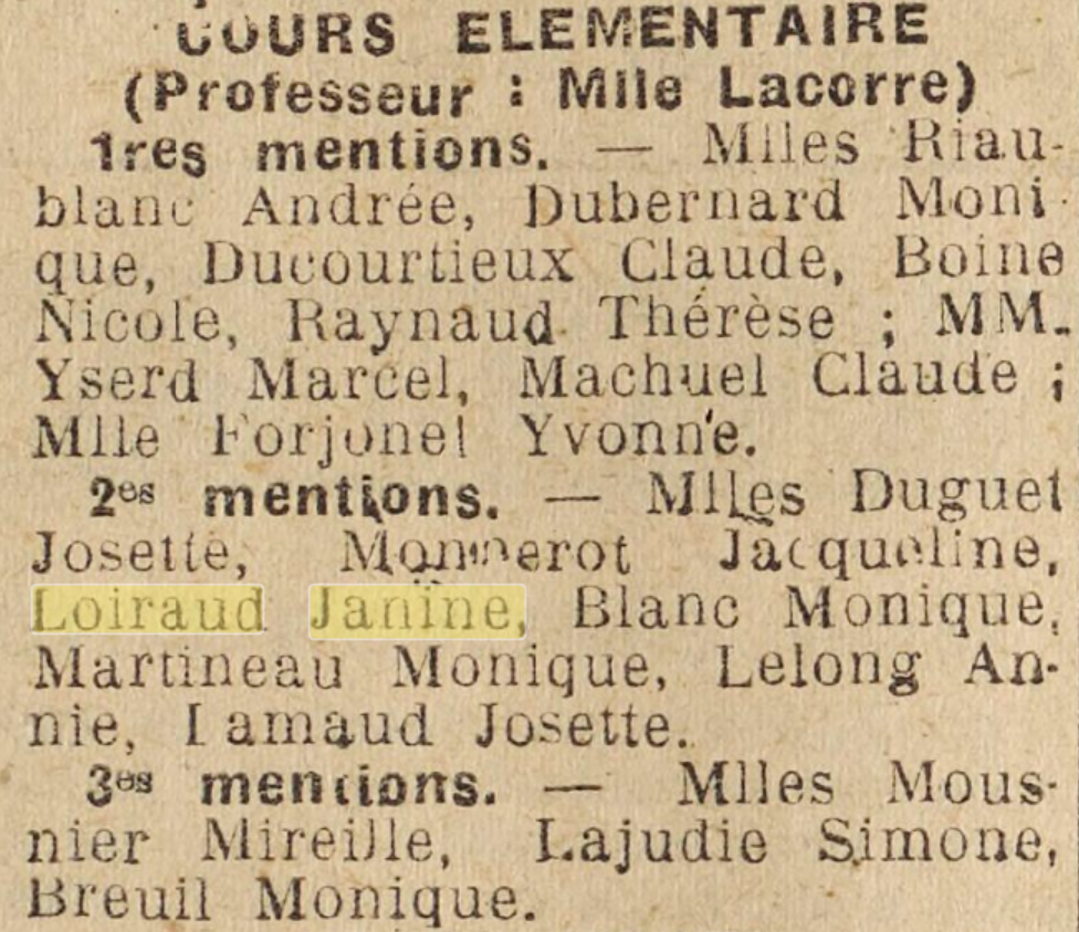 Janine Loiraud à Limoges, en 1949