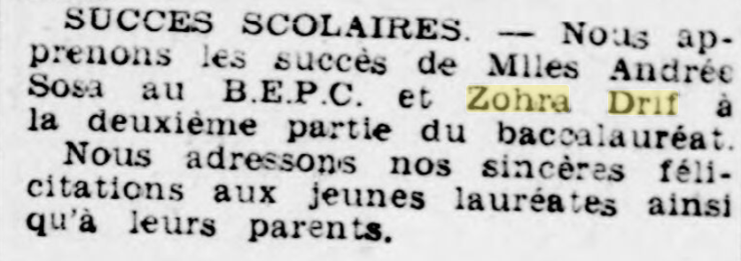 Succès scolaire de Zohra Drif au baccalauréat