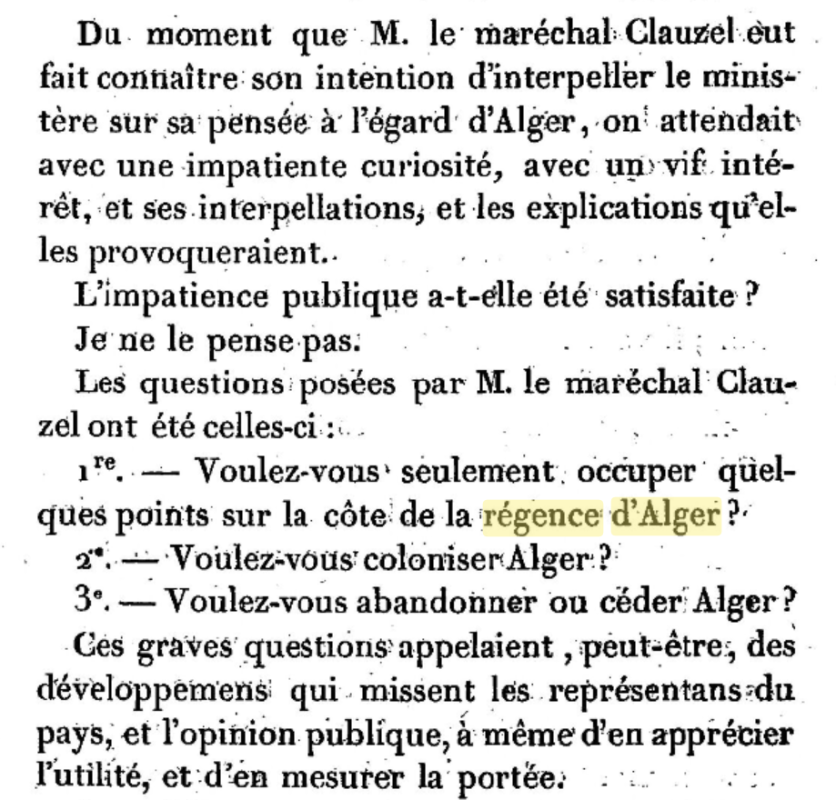 Plusieurs questions au sujet de la Régence d'Alger, 1833